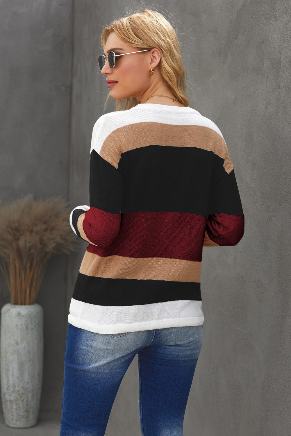 Round Neck Color Block Dropped Shoulder Knit Top Print on any thing USA/STOD clothes