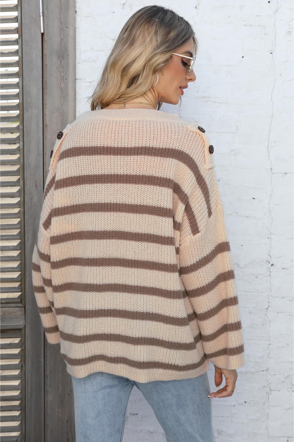 Round Neck Dropped Shoulder Striped Sweater Print on any thing USA/STOD clothes