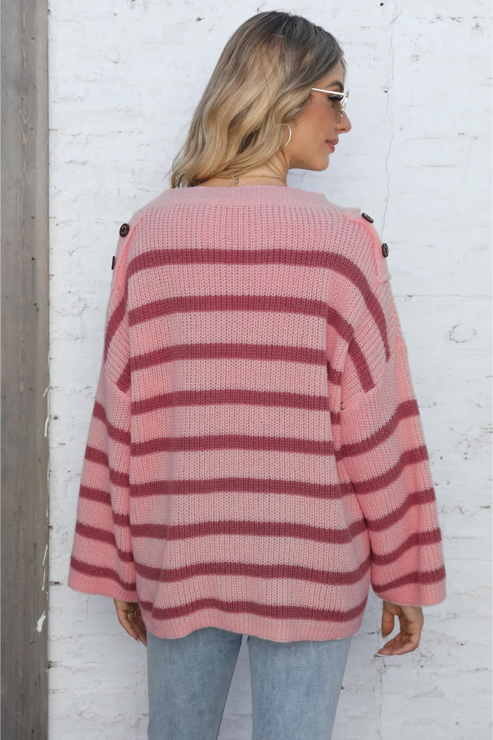 Round Neck Dropped Shoulder Striped Sweater Print on any thing USA/STOD clothes