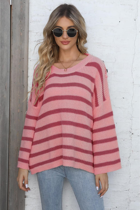 Round Neck Dropped Shoulder Striped Sweater Print on any thing USA/STOD clothes