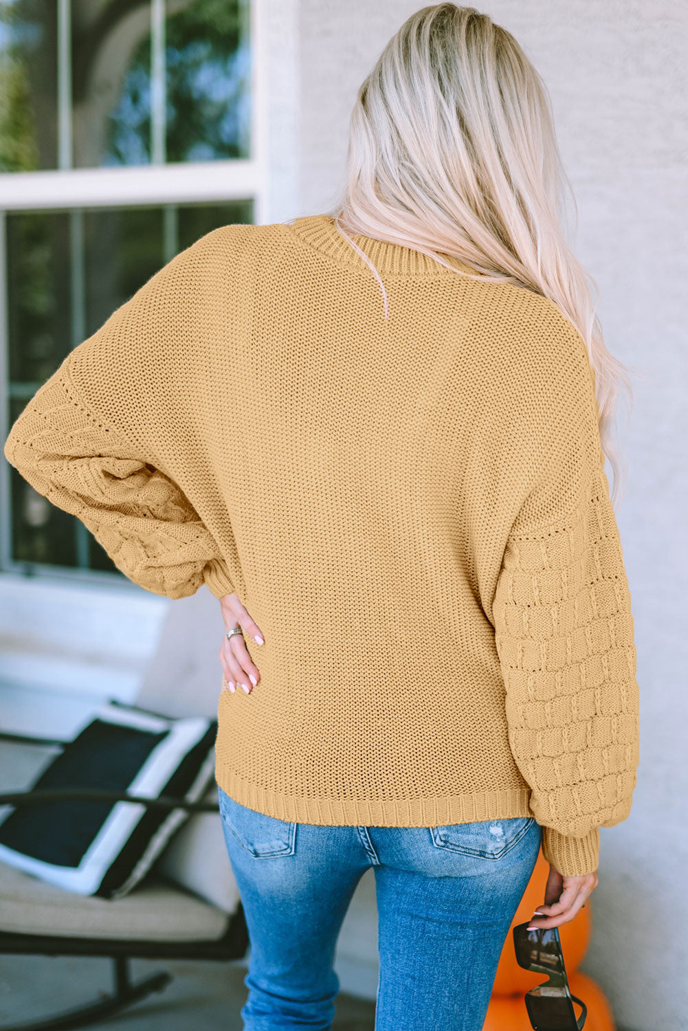 Round Neck Dropped Shoulder Waffle-Knit Sweater Print on any thing USA/STOD clothes