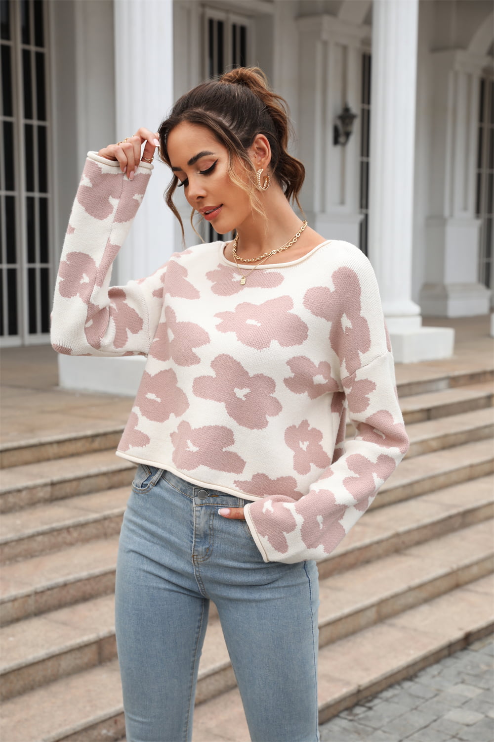 Round Neck Flower Pattern Dropped Shoulder Pullover Sweater Print on any thing USA/STOD clothes