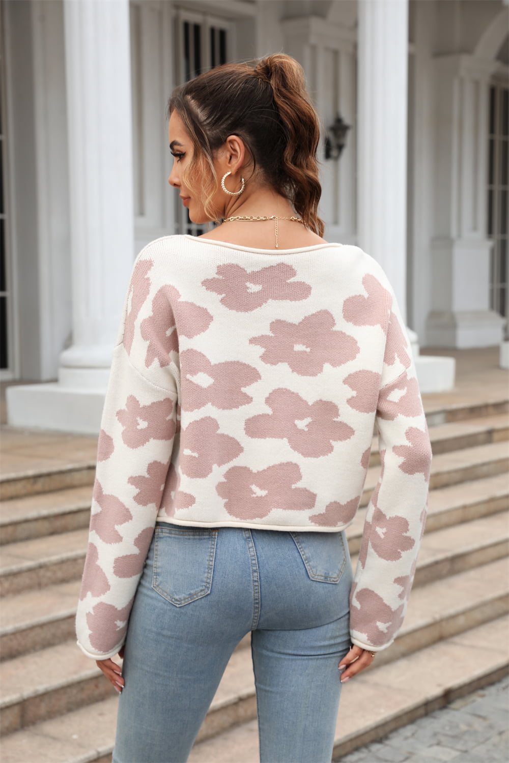 Round Neck Flower Pattern Dropped Shoulder Pullover Sweater Print on any thing USA/STOD clothes