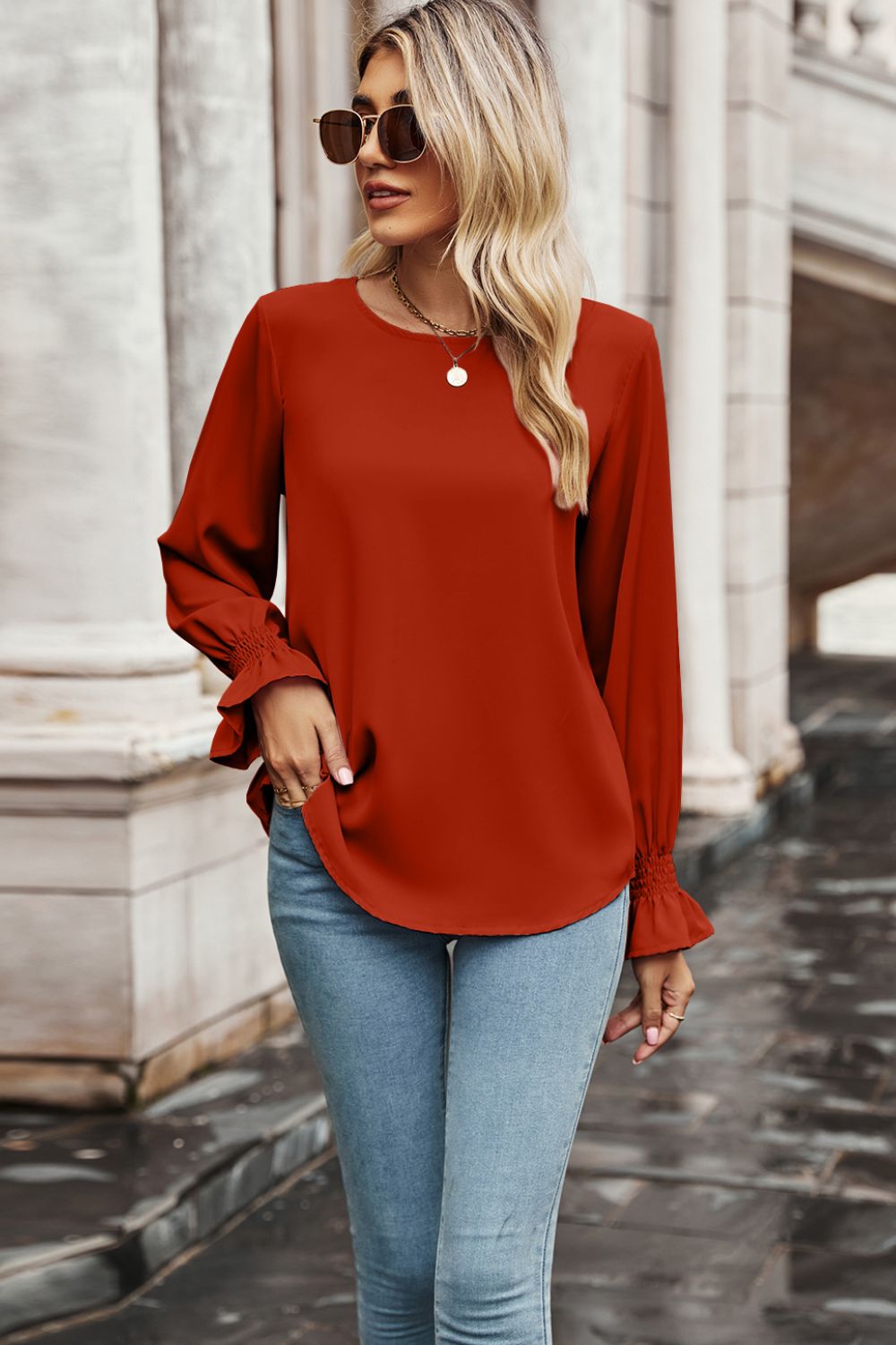Round Neck Long Flounce Sleeve Blouse Print on any thing USA/STOD clothes