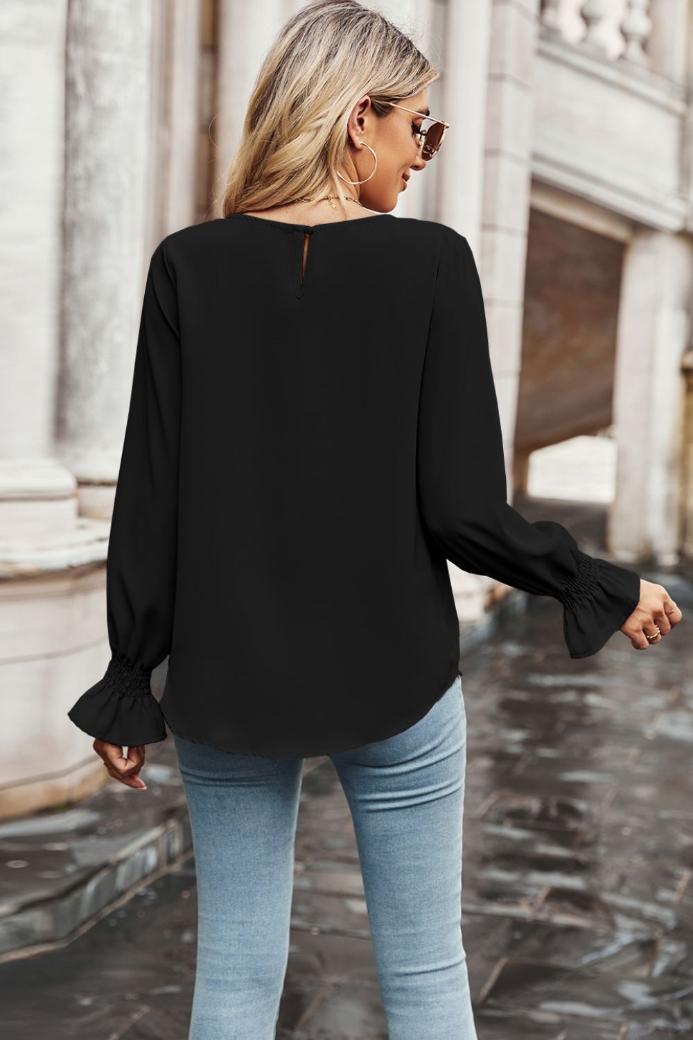 Round Neck Long Flounce Sleeve Blouse Print on any thing USA/STOD clothes