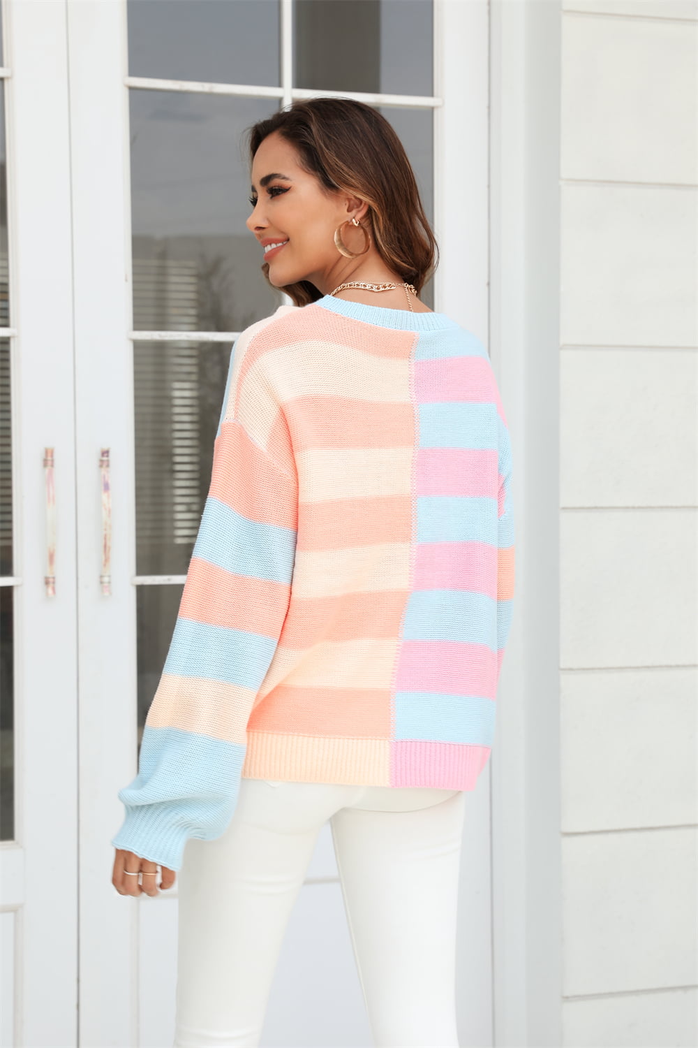 Round Neck Long Sleeve Color Block Dropped Shoulder Pullover Sweater Print on any thing USA/STOD clothes
