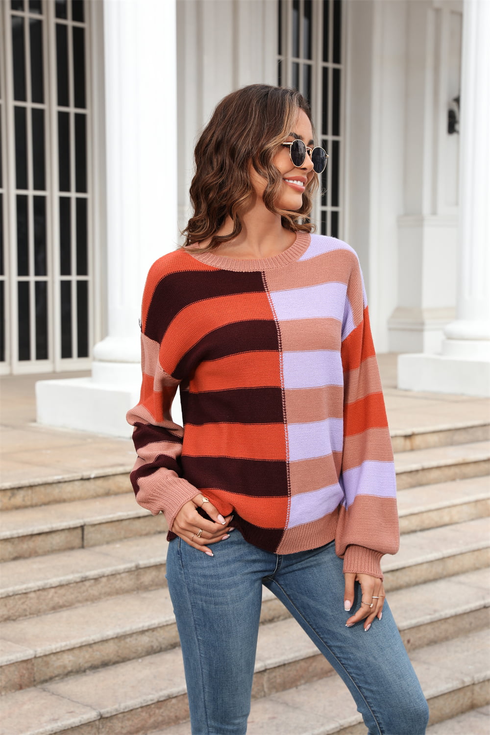 Round Neck Long Sleeve Color Block Dropped Shoulder Pullover Sweater Print on any thing USA/STOD clothes