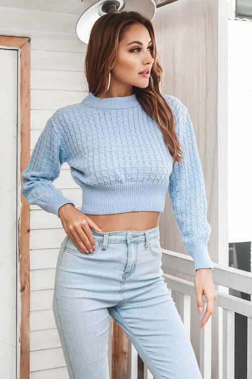 Round Neck Long Sleeve Cropped Sweater Print on any thing USA/STOD clothes