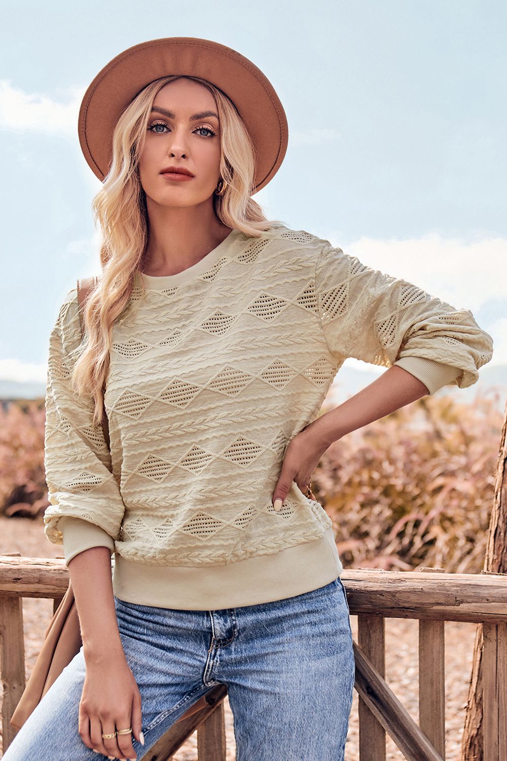 Round Neck Long Sleeve Knit Top Print on any thing USA/STOD clothes