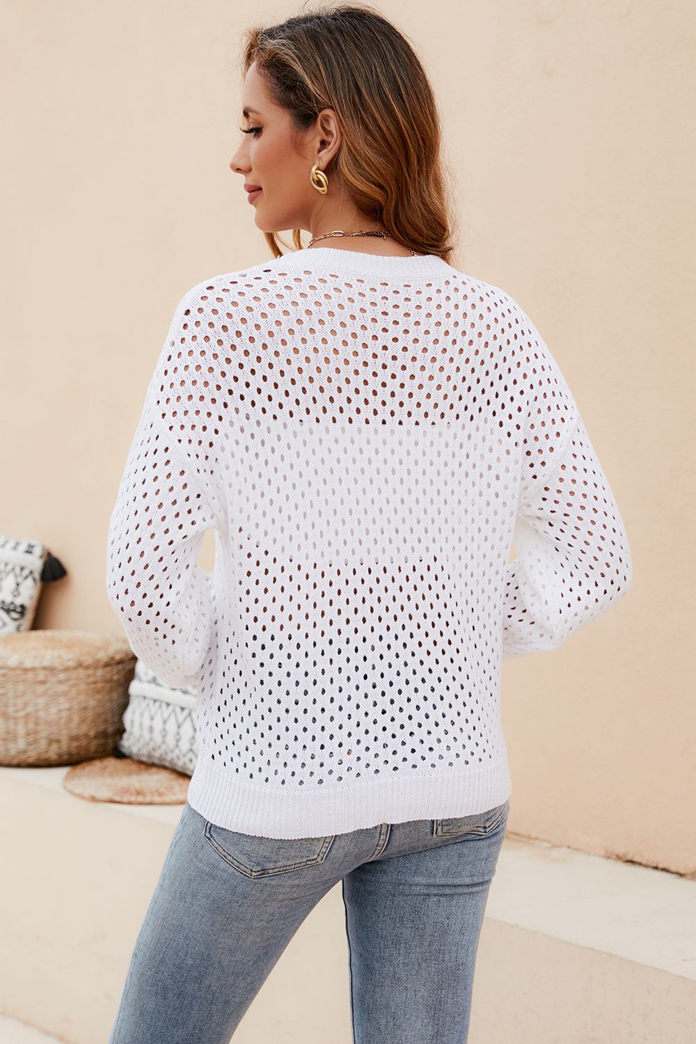 Round Neck Openwork Dropped Shoulder Knit Top Print on any thing USA/STOD clothes