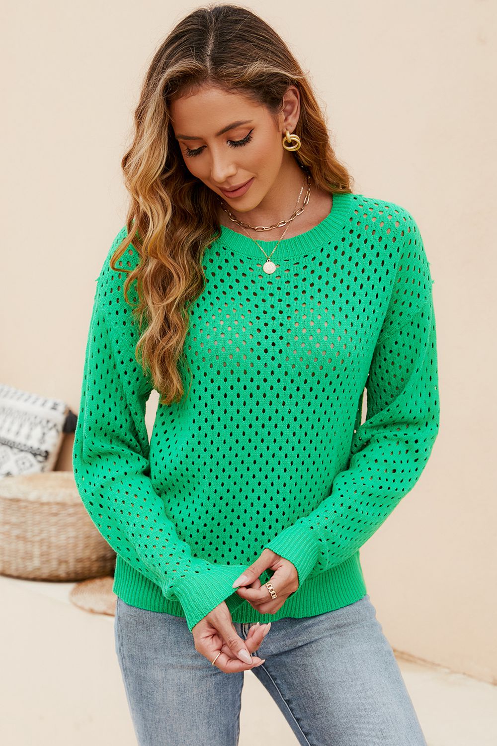 Round Neck Openwork Dropped Shoulder Knit Top Print on any thing USA/STOD clothes