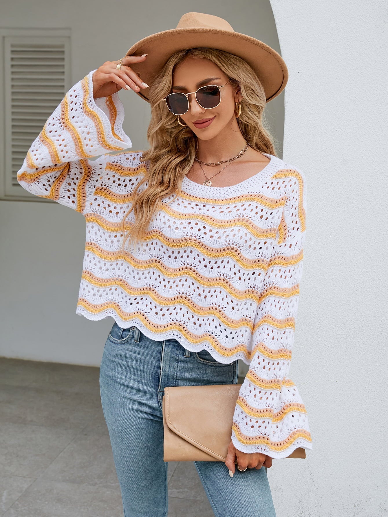 Round Neck Openwork Flare Sleeve Knit Top Print on any thing USA/STOD clothes