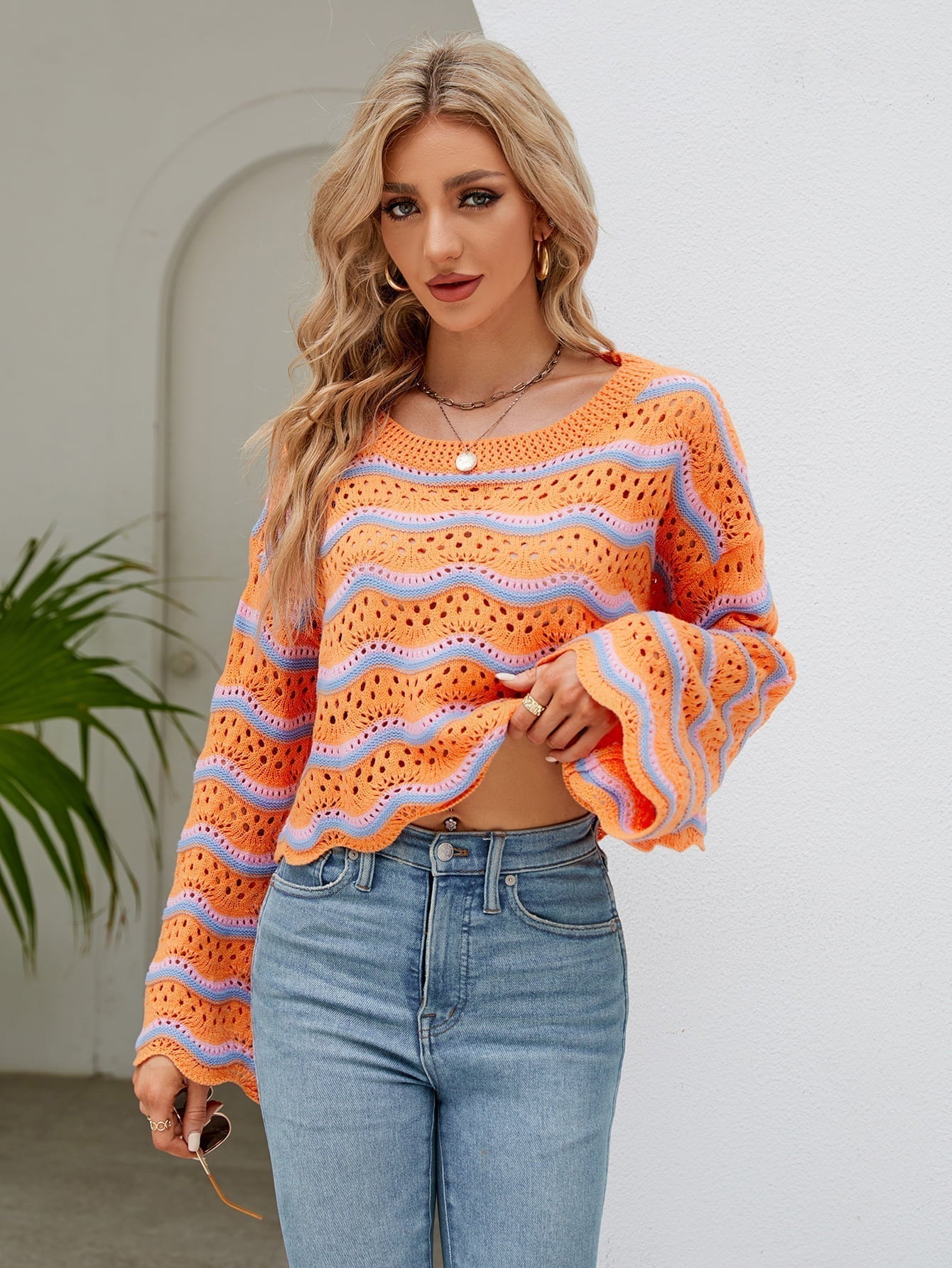 Round Neck Openwork Flare Sleeve Knit Top Print on any thing USA/STOD clothes