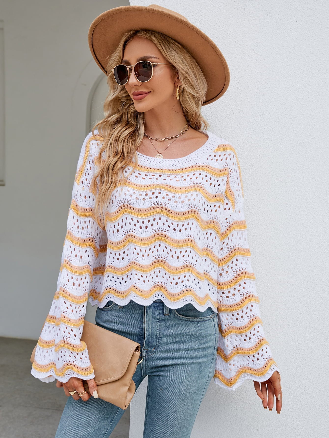 Round Neck Openwork Flare Sleeve Knit Top Print on any thing USA/STOD clothes