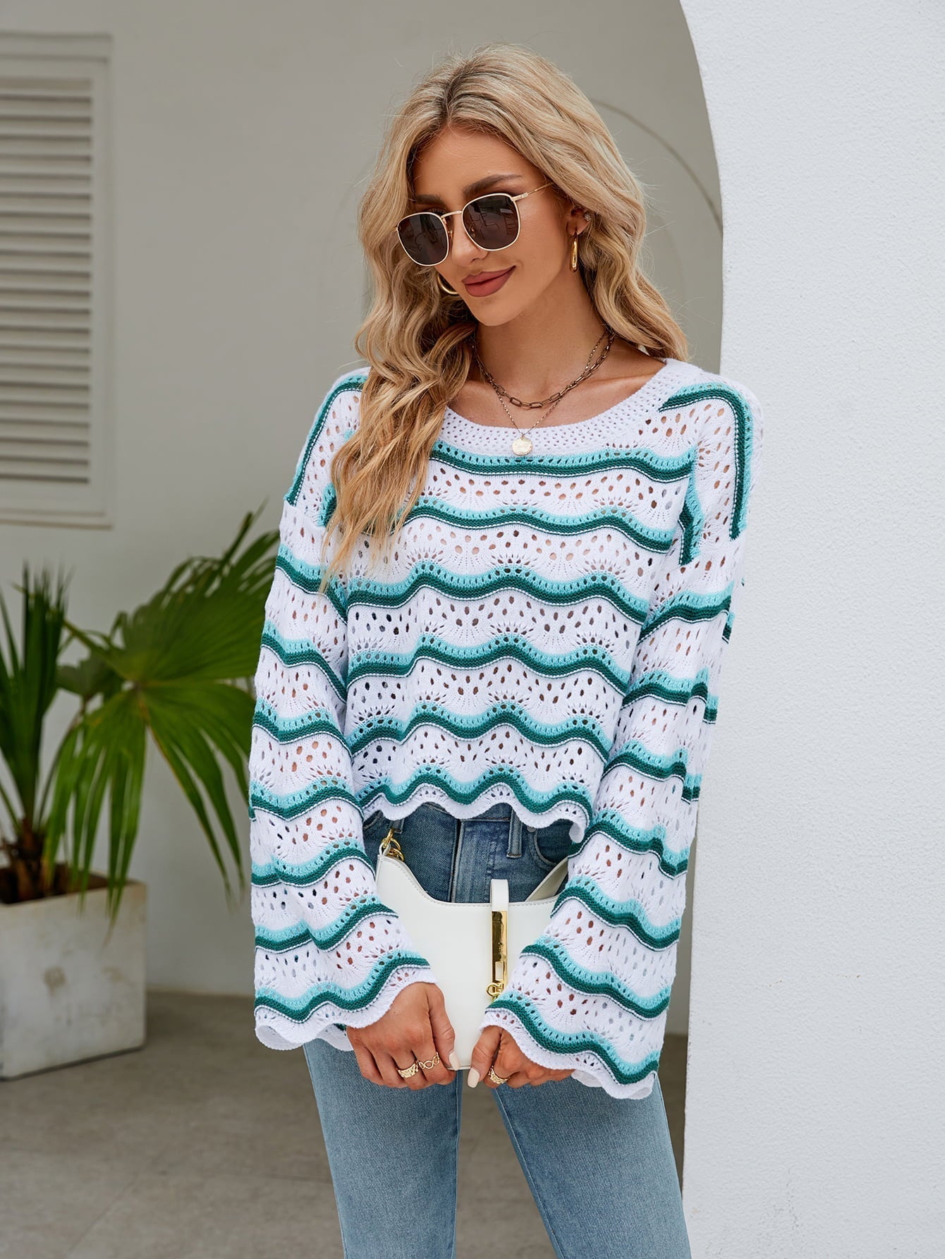 Round Neck Openwork Flare Sleeve Knit Top Print on any thing USA/STOD clothes