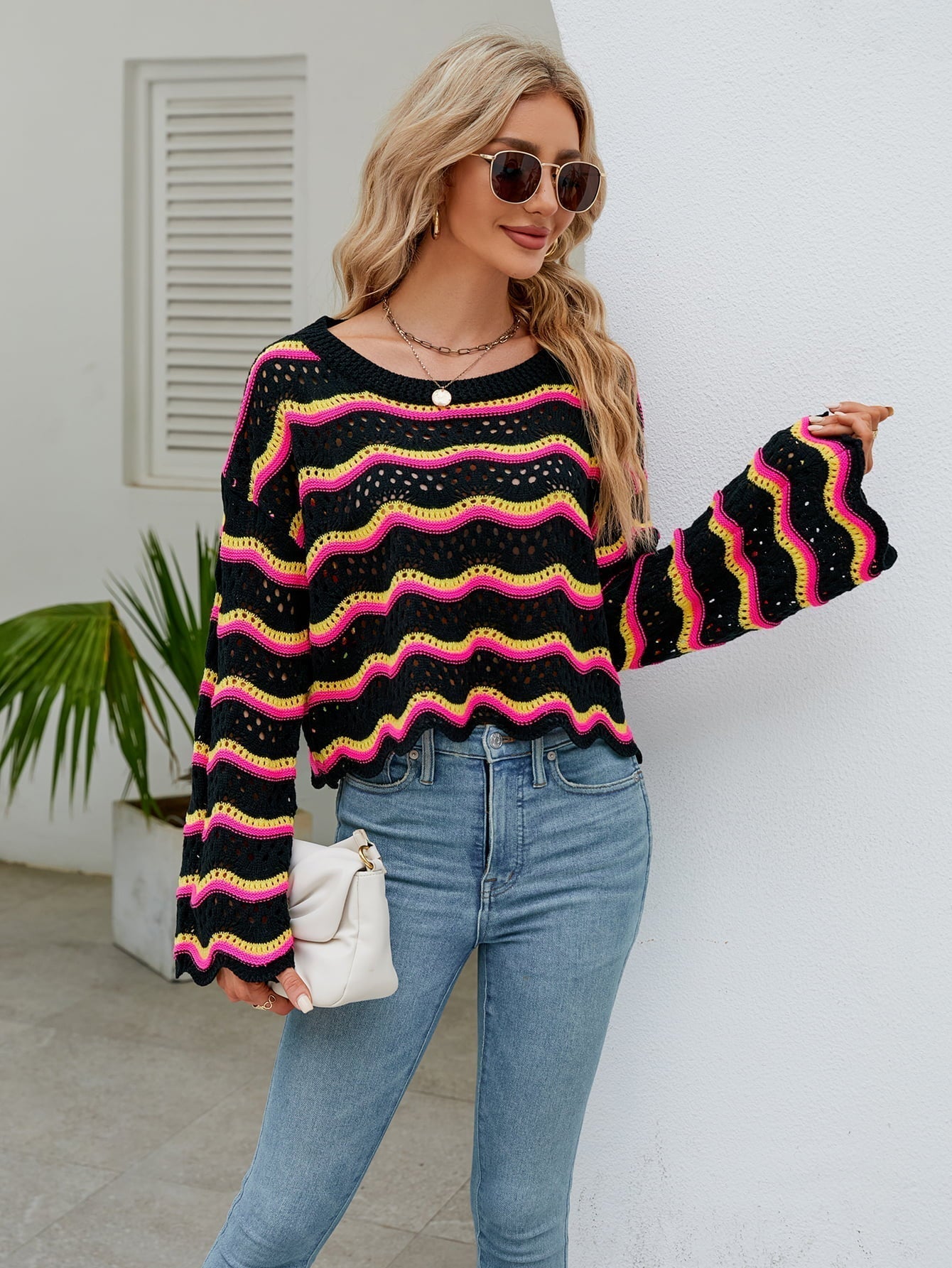 Round Neck Openwork Flare Sleeve Knit Top Print on any thing USA/STOD clothes