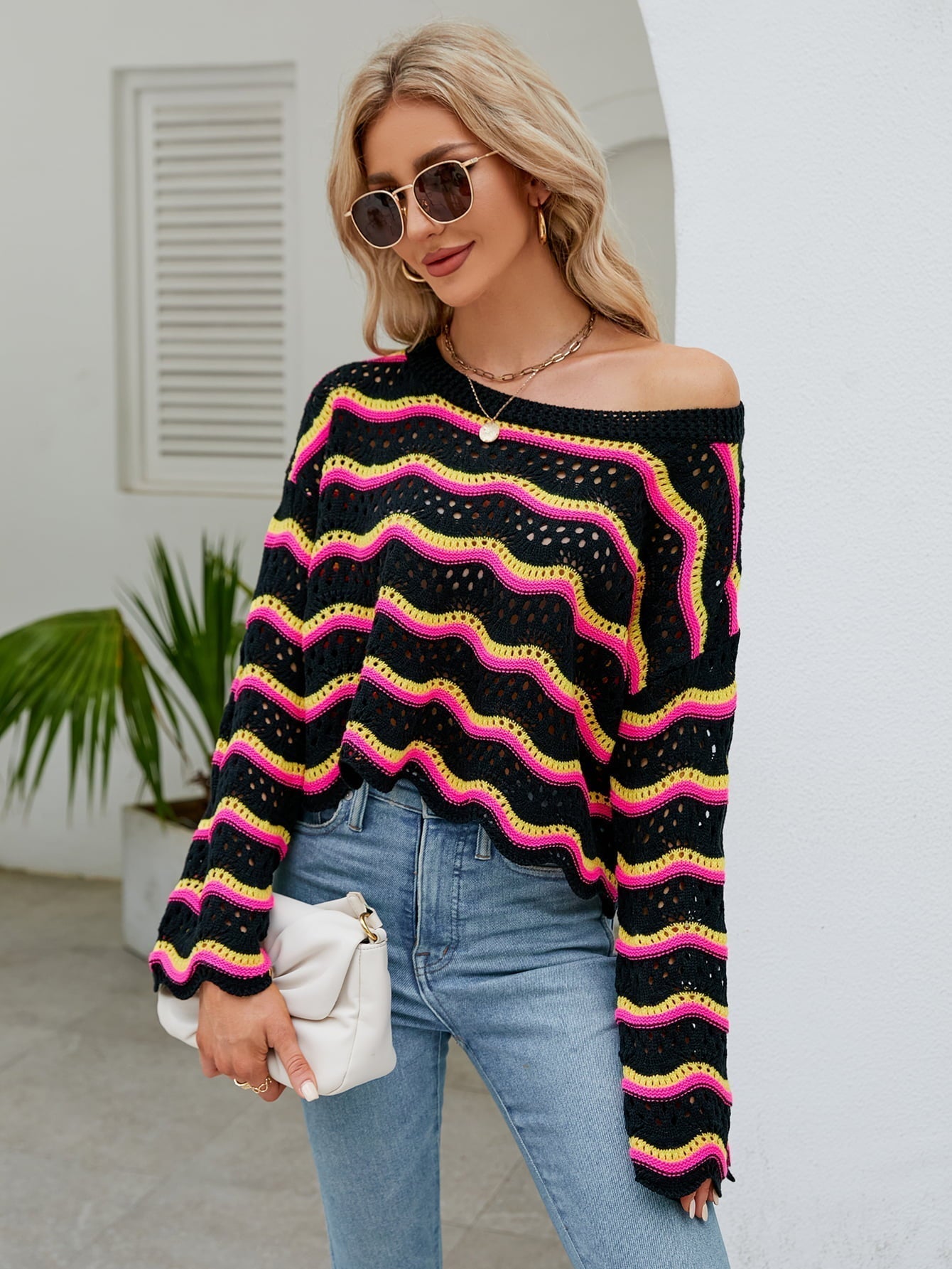 Round Neck Openwork Flare Sleeve Knit Top Print on any thing USA/STOD clothes