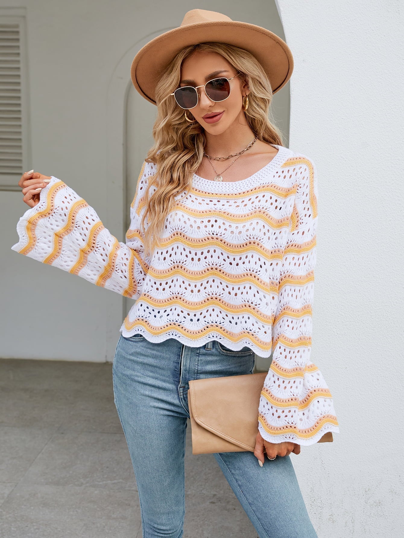 Round Neck Openwork Flare Sleeve Knit Top Print on any thing USA/STOD clothes