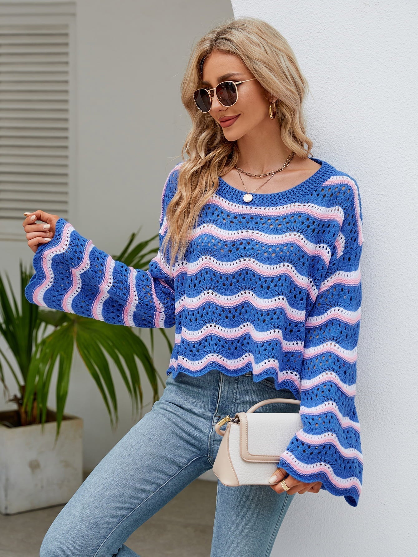 Round Neck Openwork Flare Sleeve Knit Top Print on any thing USA/STOD clothes