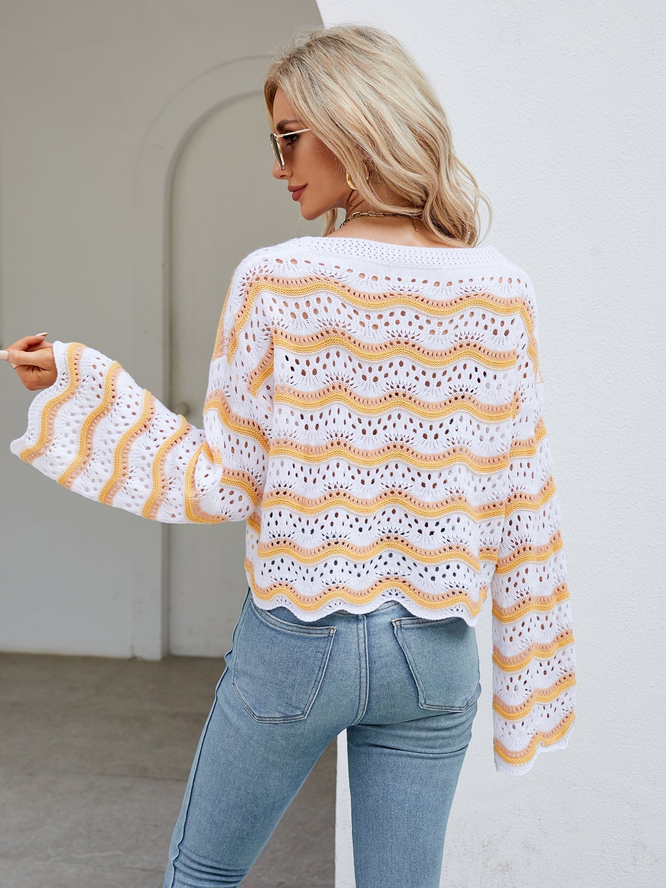 Round Neck Openwork Flare Sleeve Knit Top Print on any thing USA/STOD clothes