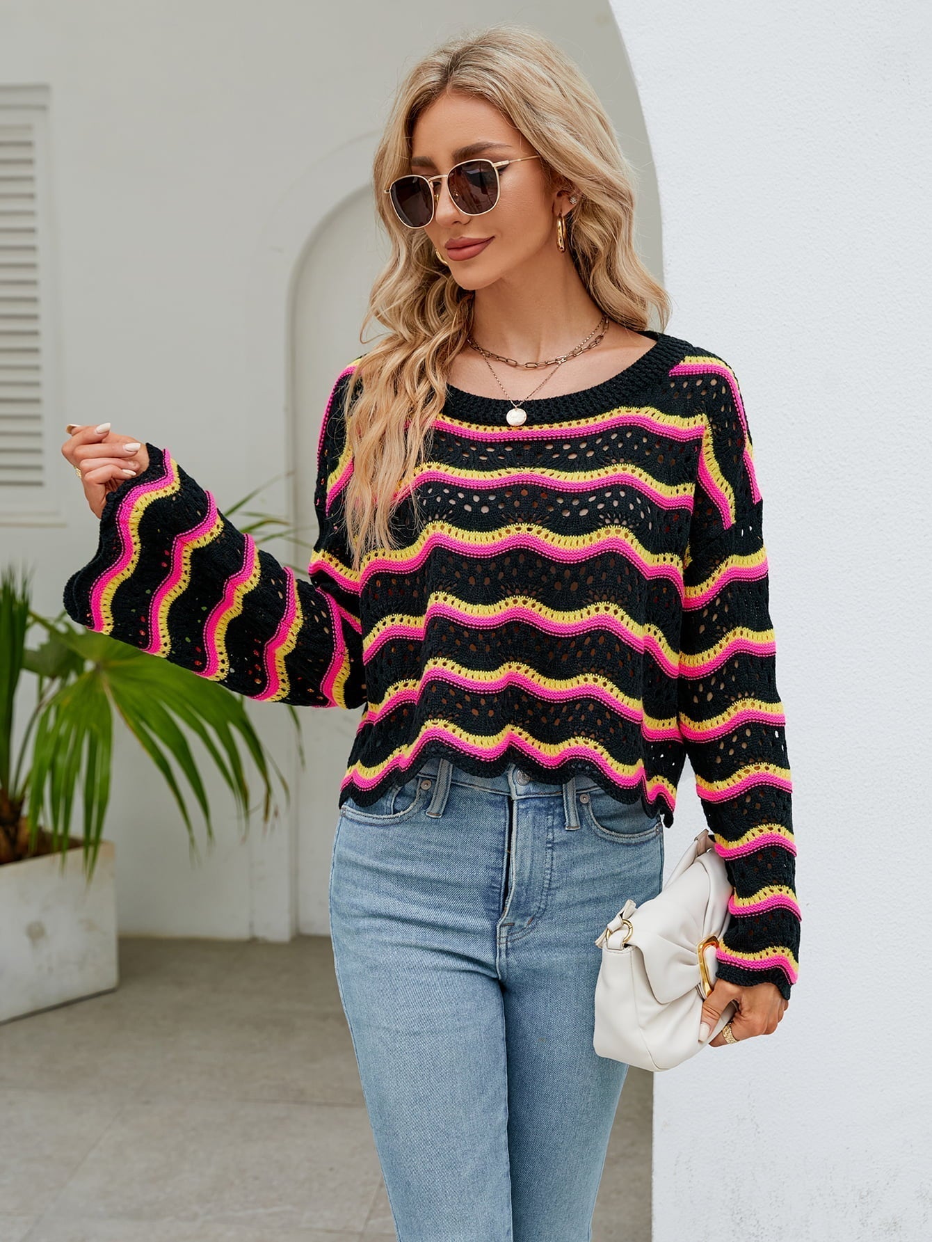 Round Neck Openwork Flare Sleeve Knit Top Print on any thing USA/STOD clothes