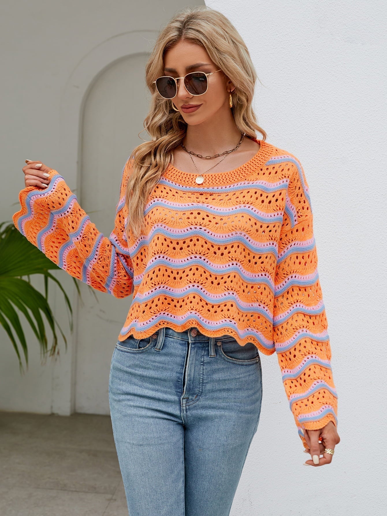 Round Neck Openwork Flare Sleeve Knit Top Print on any thing USA/STOD clothes