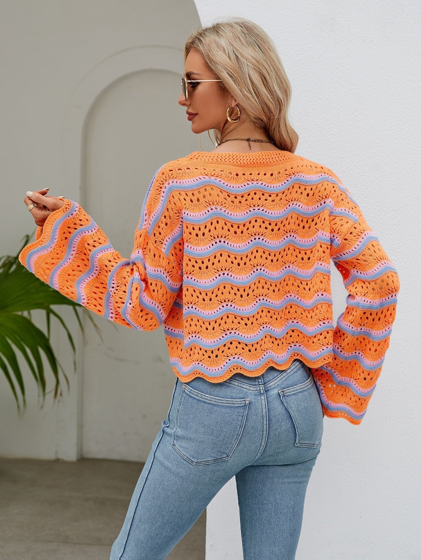 Round Neck Openwork Flare Sleeve Knit Top Print on any thing USA/STOD clothes