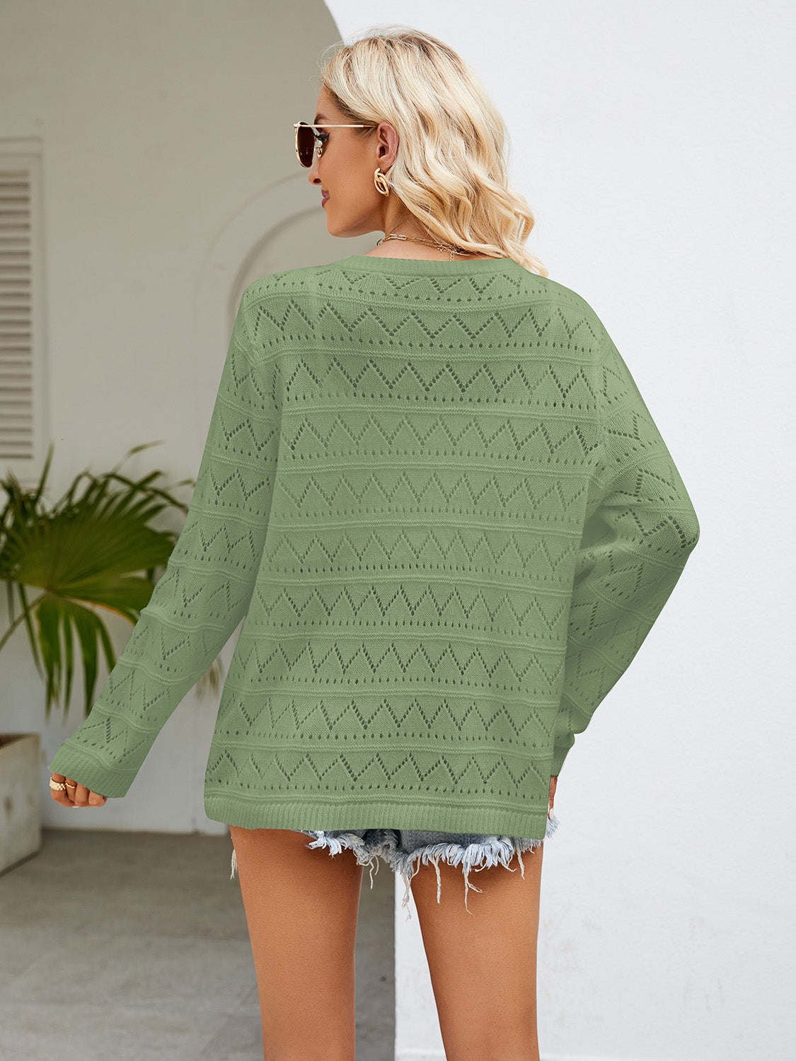 Round Neck Openwork Long Sleeve Knit Top Print on any thing USA/STOD clothes