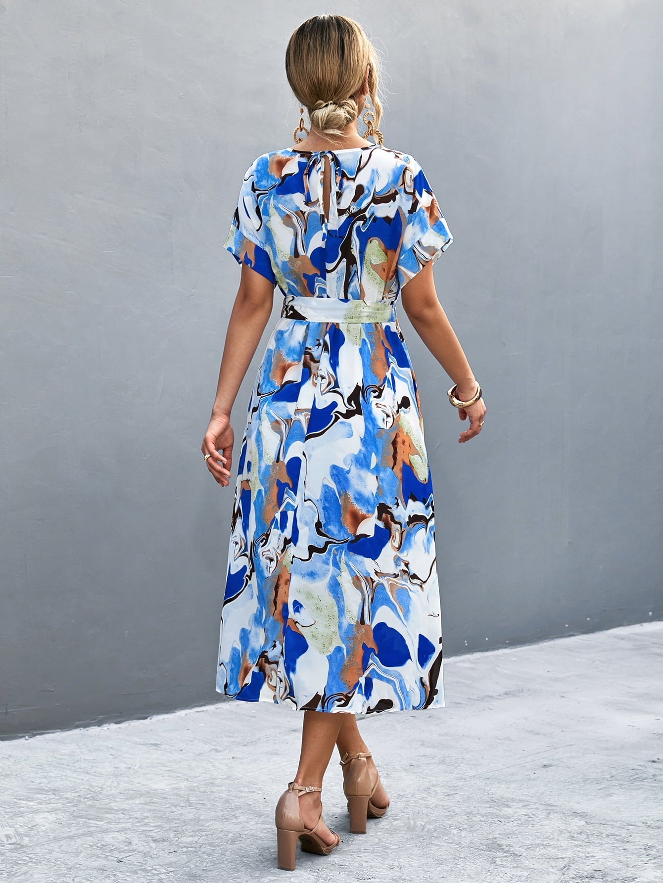 Round Neck Short Sleeve Tie Waist Midi Dress Print on any thing USA/STOD clothes