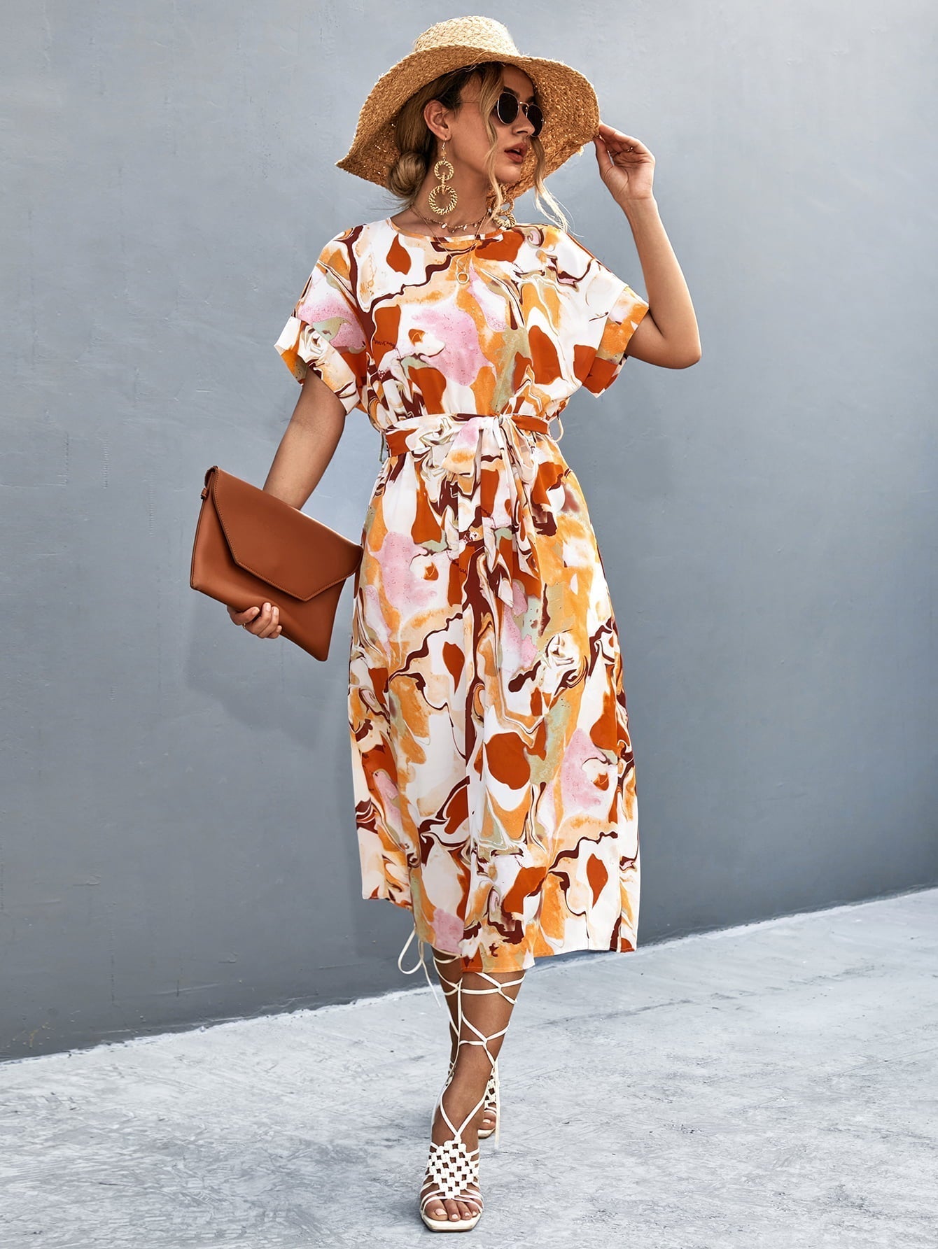 Round Neck Short Sleeve Tie Waist Midi Dress Print on any thing USA/STOD clothes