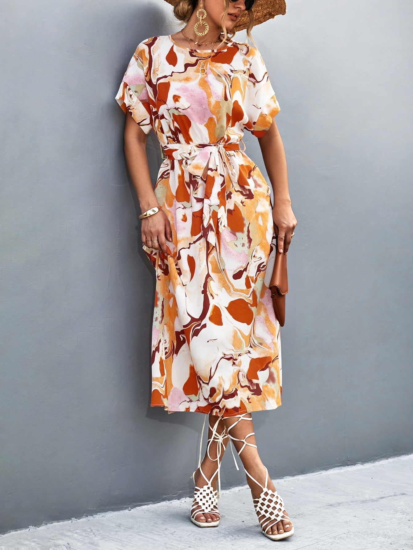 Round Neck Short Sleeve Tie Waist Midi Dress Print on any thing USA/STOD clothes