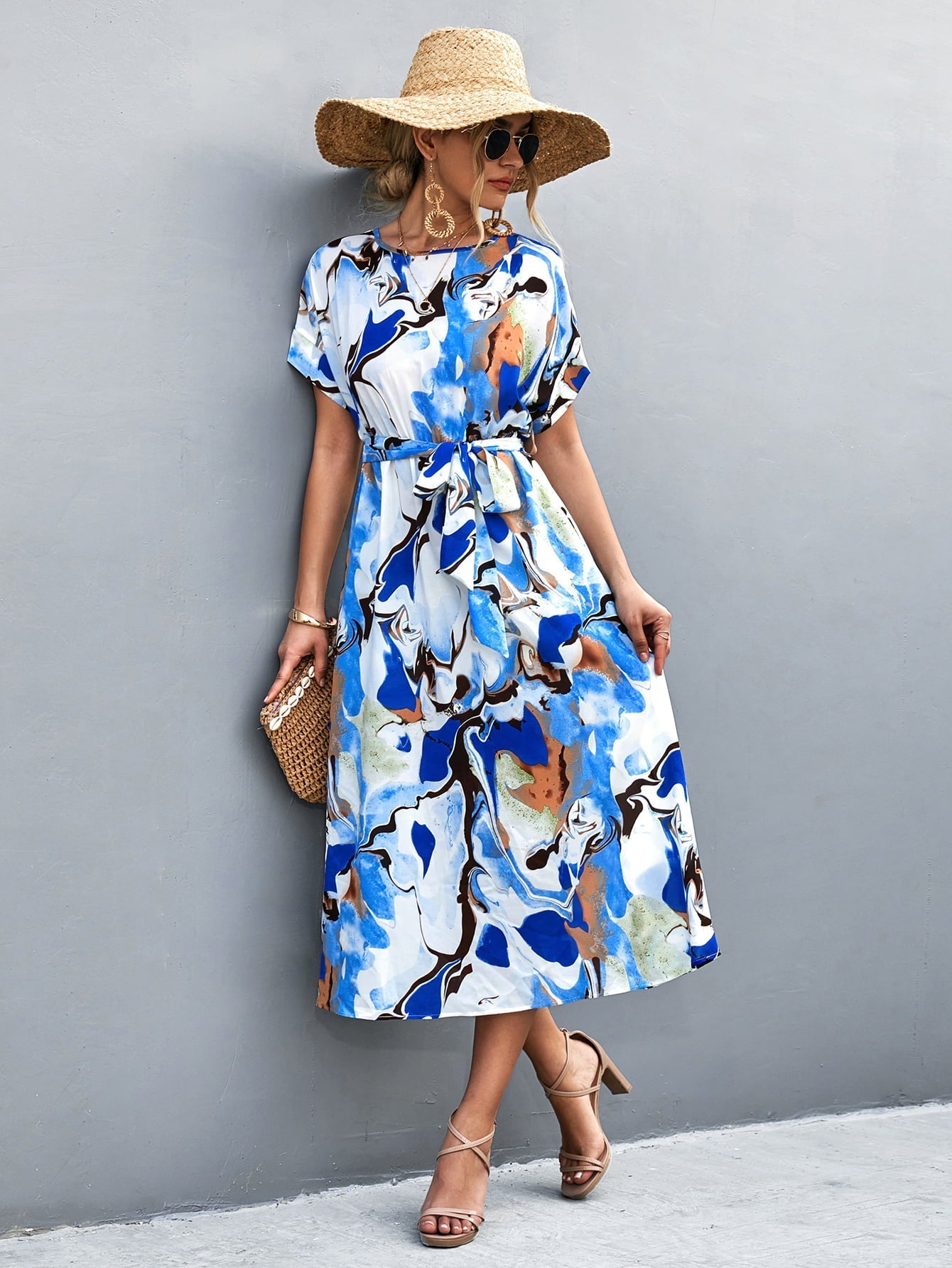 Round Neck Short Sleeve Tie Waist Midi Dress Print on any thing USA/STOD clothes