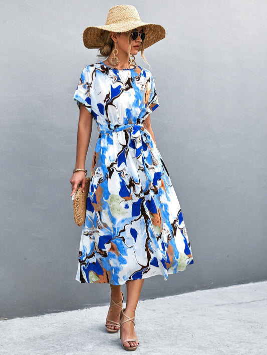 Round Neck Short Sleeve Tie Waist Midi Dress Print on any thing USA/STOD clothes