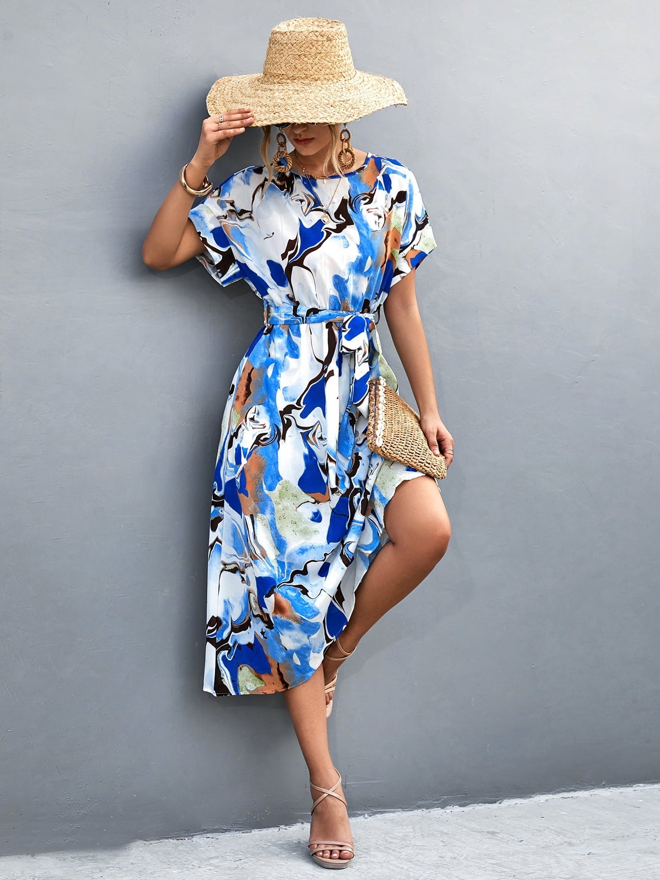 Round Neck Short Sleeve Tie Waist Midi Dress Print on any thing USA/STOD clothes