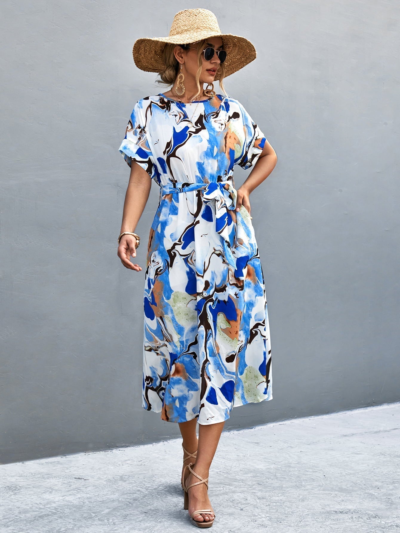 Round Neck Short Sleeve Tie Waist Midi Dress Print on any thing USA/STOD clothes