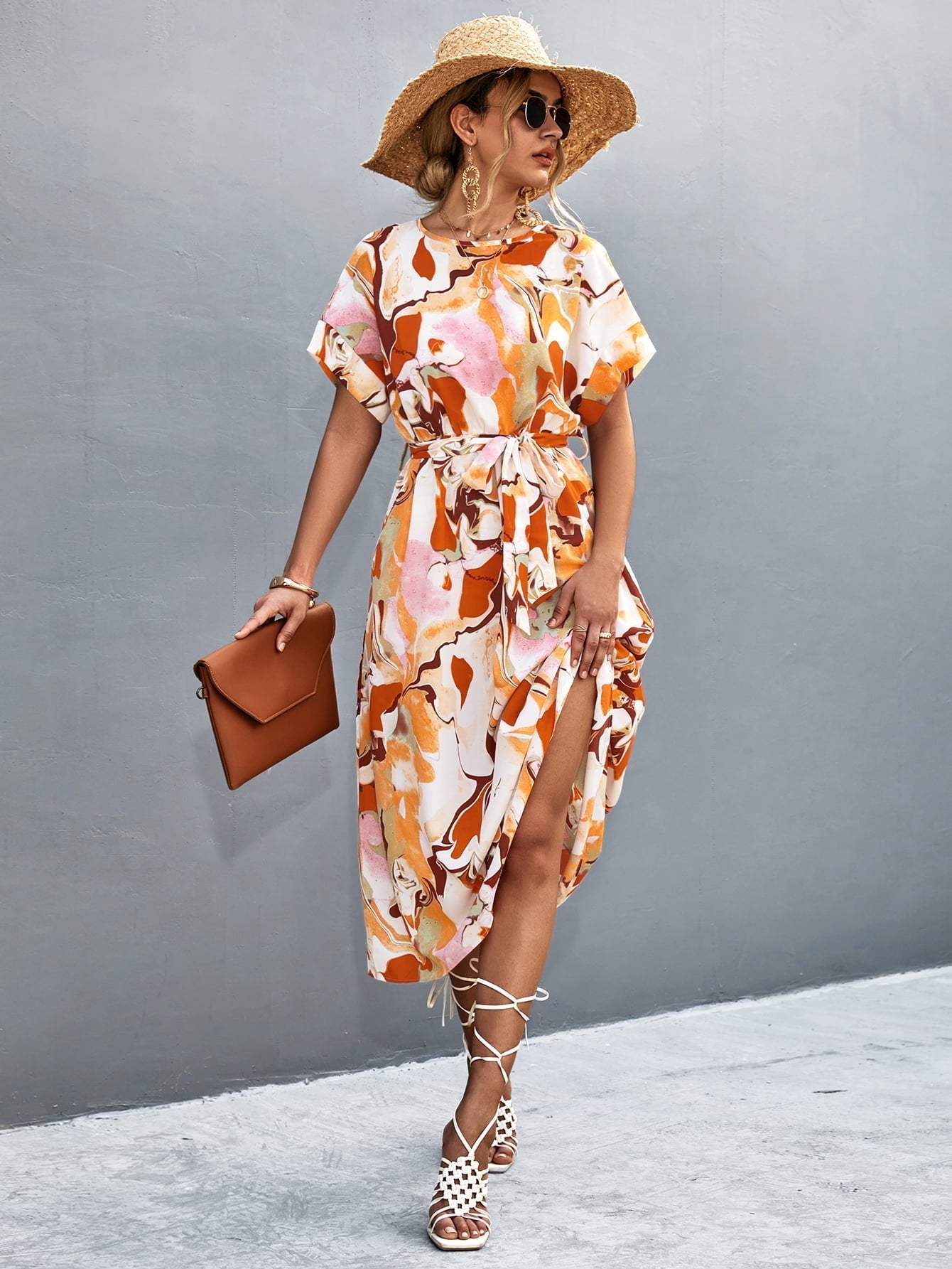 Round Neck Short Sleeve Tie Waist Midi Dress Print on any thing USA/STOD clothes