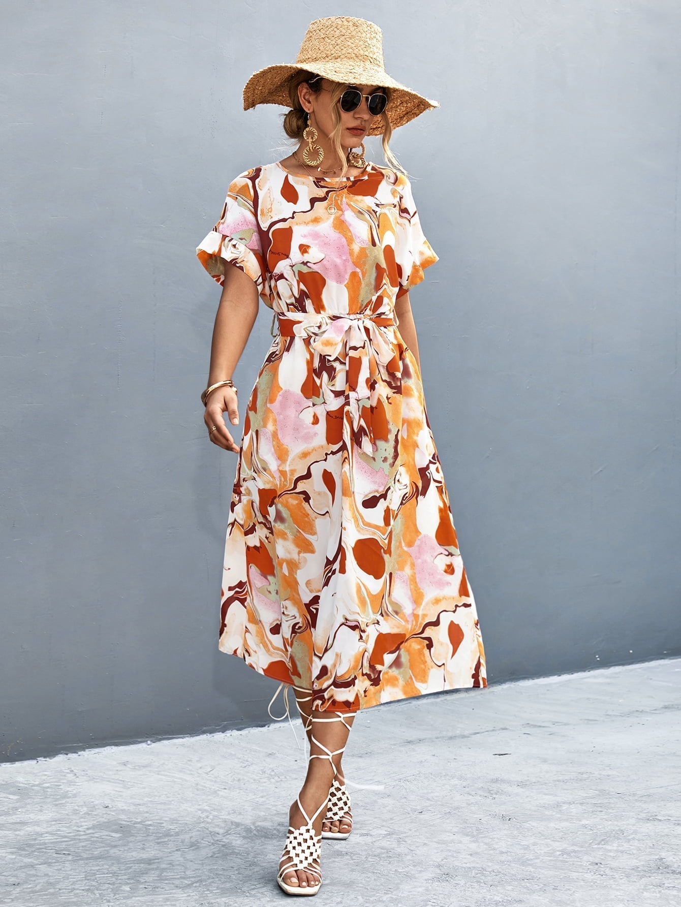 Round Neck Short Sleeve Tie Waist Midi Dress Print on any thing USA/STOD clothes