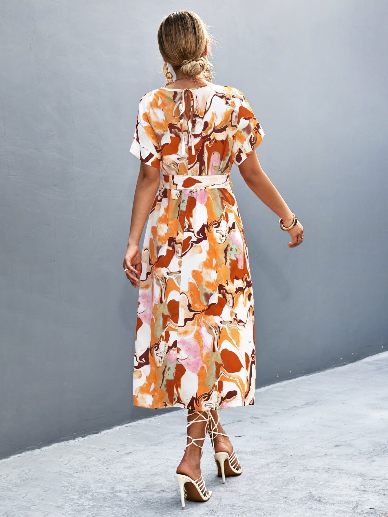 Round Neck Short Sleeve Tie Waist Midi Dress Print on any thing USA/STOD clothes