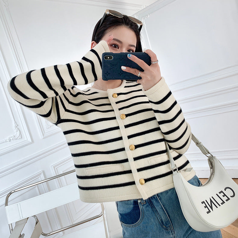 Round neck striped knitted cardigan short coat long sleeve sweater Print on any thing USA/STOD clothes