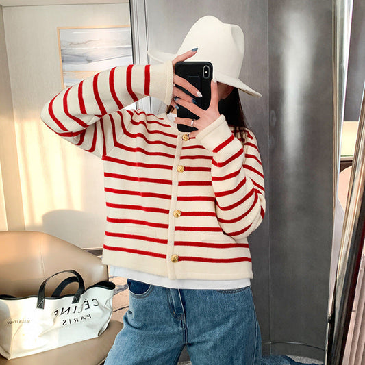 Round neck striped knitted cardigan short coat long sleeve sweater Print on any thing USA/STOD clothes