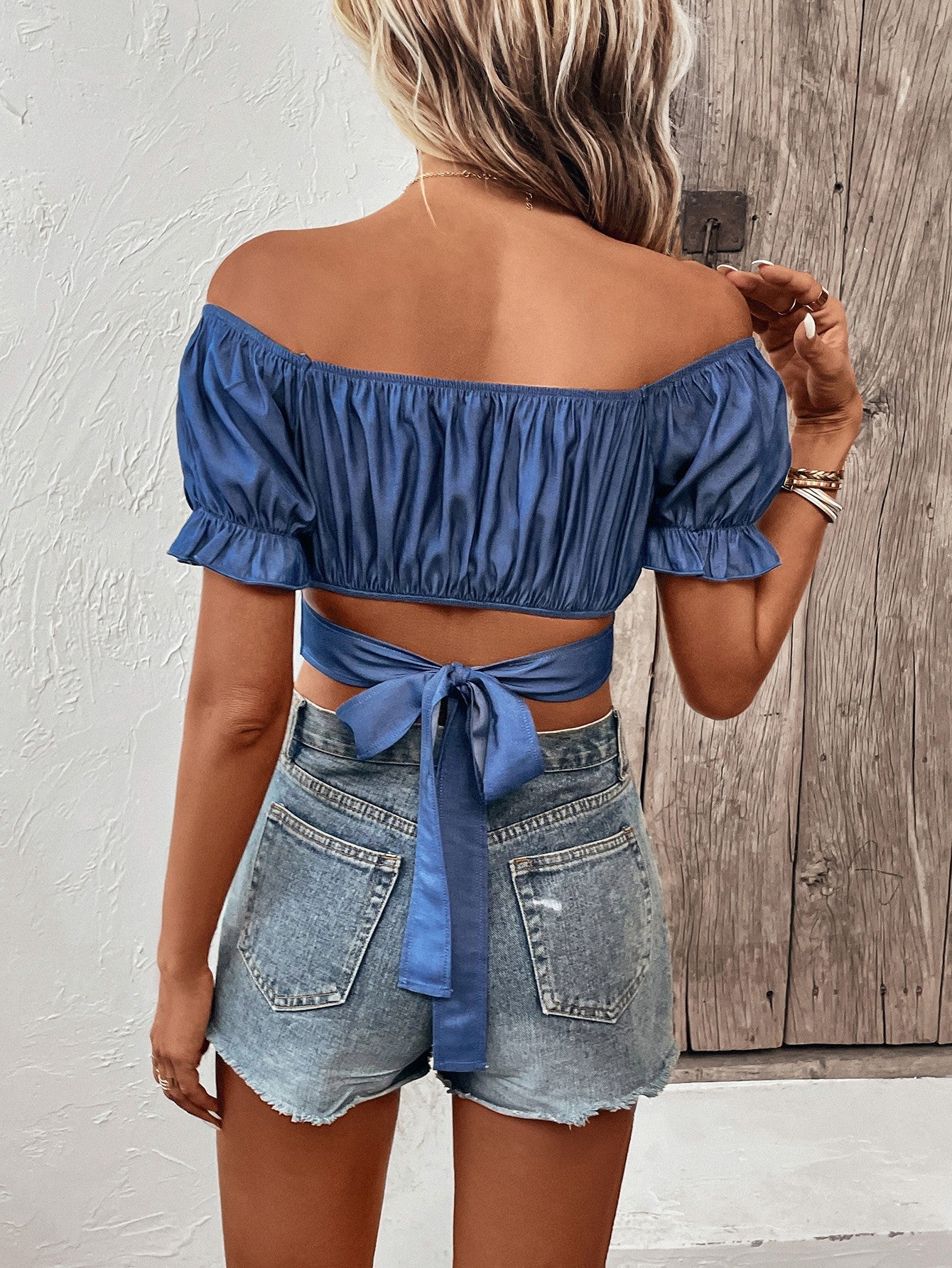 Ruched Off-Shoulder Cropped Blouse Print on any thing USA/STOD clothes