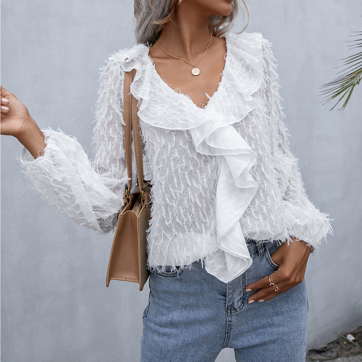 Ruffle Hem Fringe V-Neck Balloon Sleeve Blouse Print on any thing USA/STOD clothes