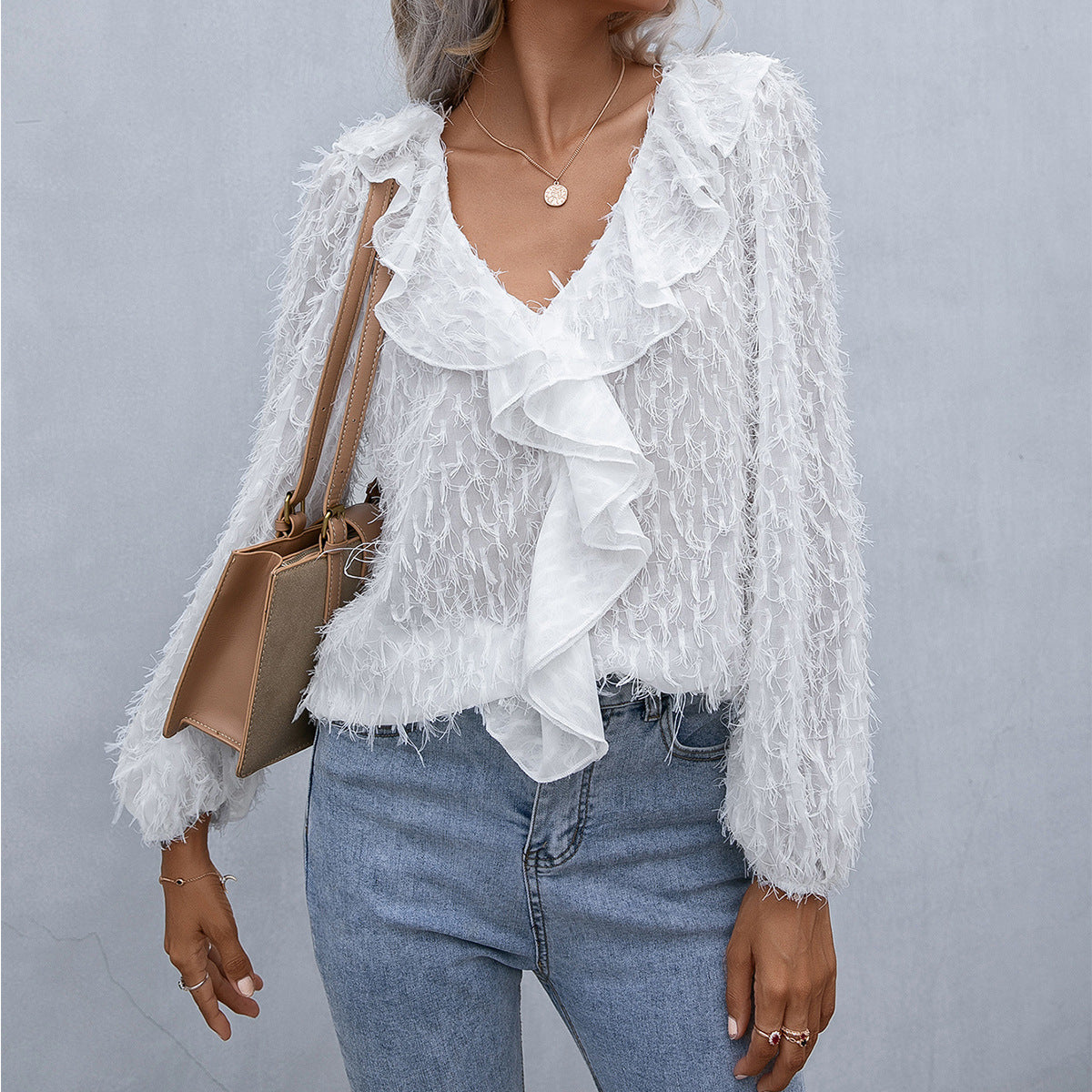 Ruffle Hem Fringe V-Neck Balloon Sleeve Blouse Print on any thing USA/STOD clothes