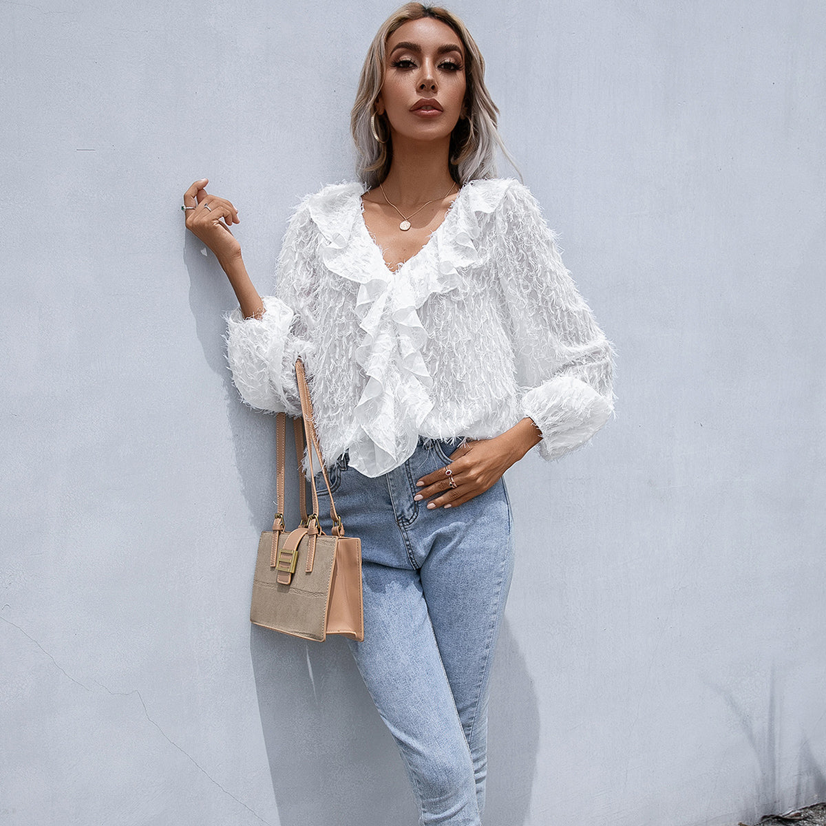 Ruffle Hem Fringe V-Neck Balloon Sleeve Blouse Print on any thing USA/STOD clothes