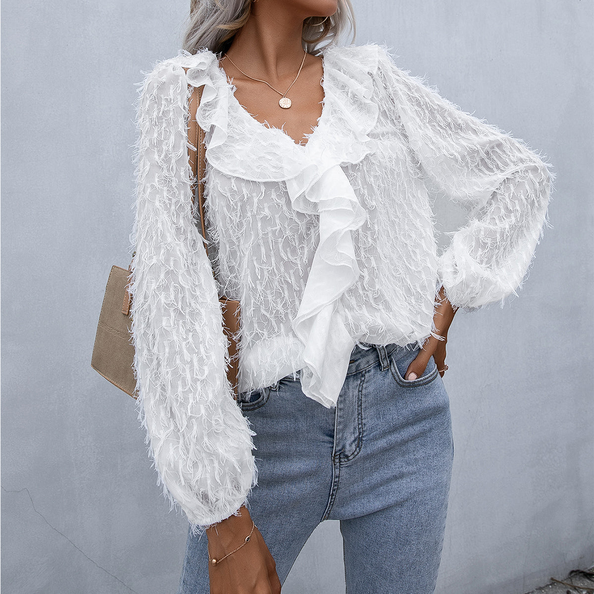 Ruffle Hem Fringe V-Neck Balloon Sleeve Blouse Print on any thing USA/STOD clothes