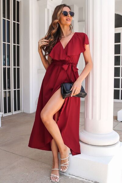 Ruffled Surplice Tie Waist Slit Midi Dress Print on any thing USA/STOD clothes