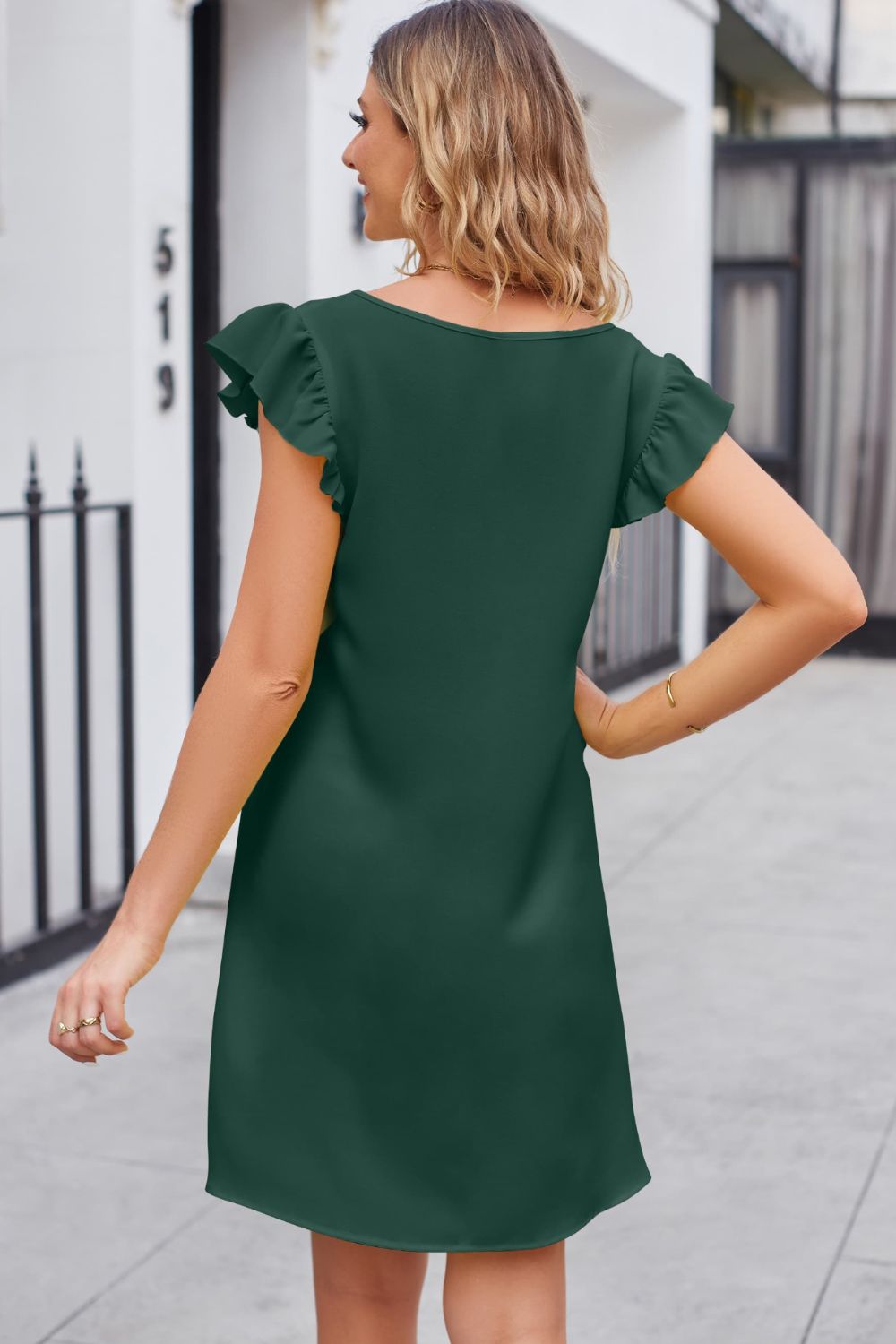 Ruffled V-Neck Flutter Sleeve Dress Print on any thing USA/STOD clothes