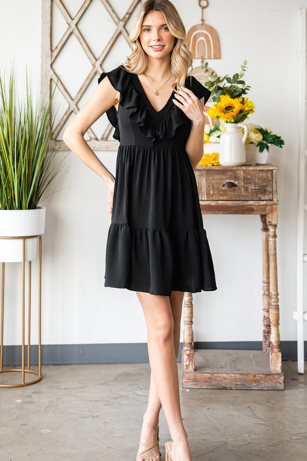Ruffled V-Neck Mini Dress Print on any thing USA/STOD clothes