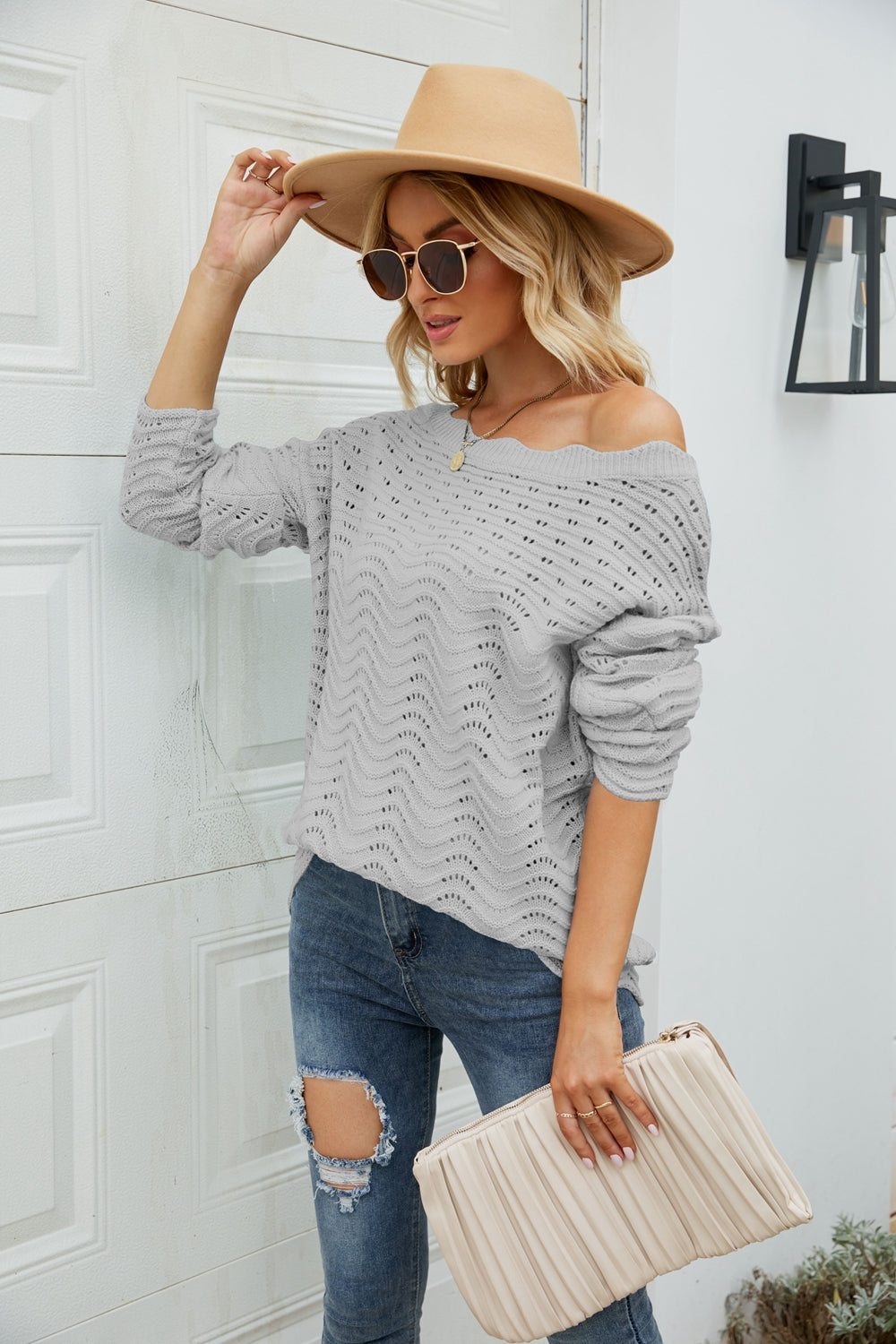 Scalloped Boat Neck Openwork Tunic Sweater Print on any thing USA/STOD clothes