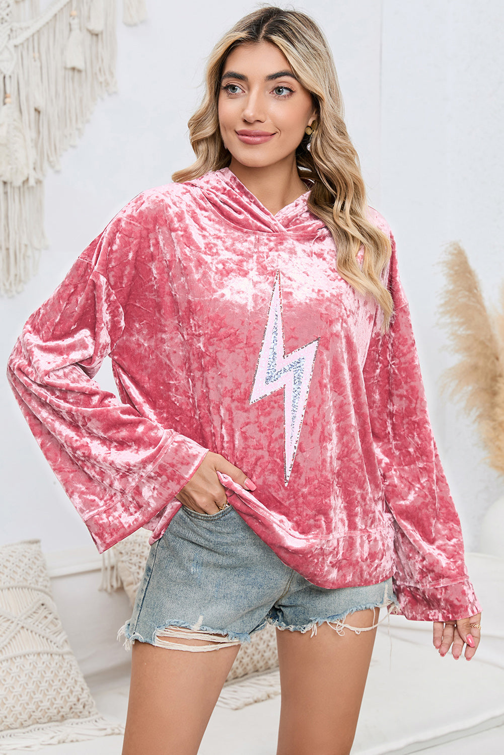 Sequin Flash Pattern Long Sleeve Dropped Shoulder Oversized Hoodie Print on any thing USA/STOD clothes